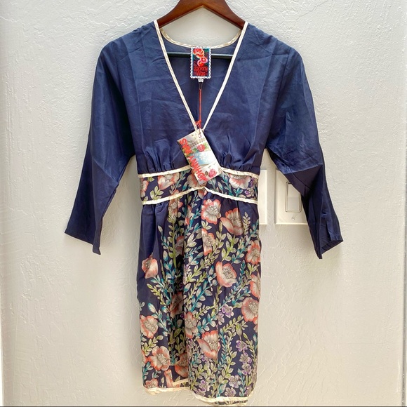 Johnny Was Dress 100% Silk Floral Mini Navy Blue XS - Picture 2 of 16